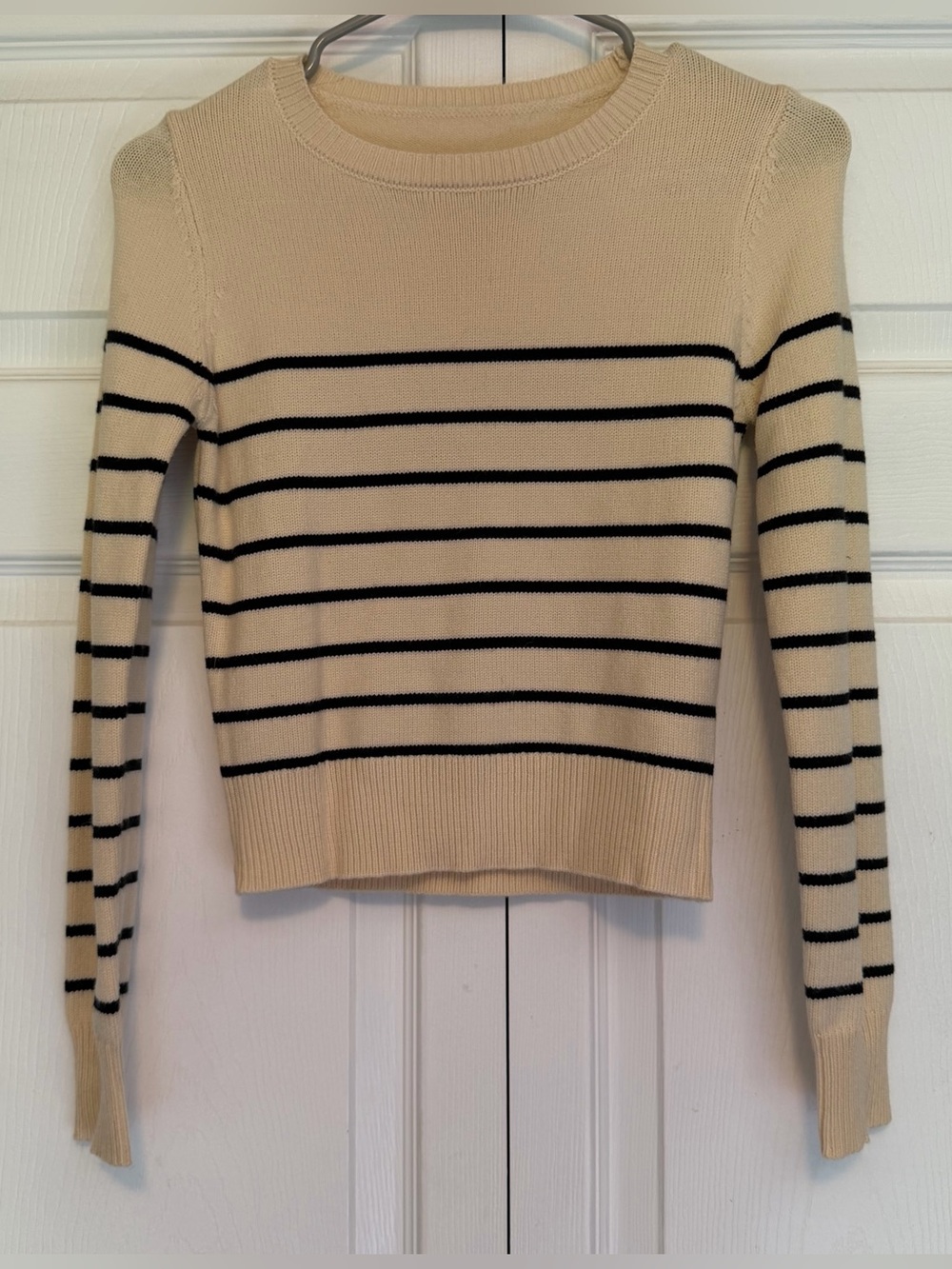 Cream and Black Striped Crewneck Sweater